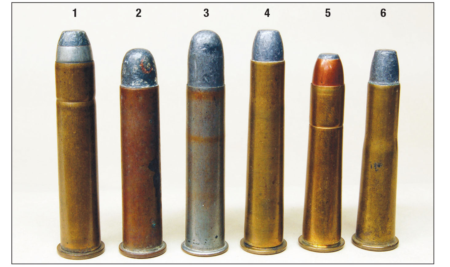 Cartridges first chambered in the Winchester M1886 included: (1) .45-90-300, (2) .45-70-405, (3) .45-70-500, (4) .40-82-260, (5) .40-65-260 and (6) .38-56-255.